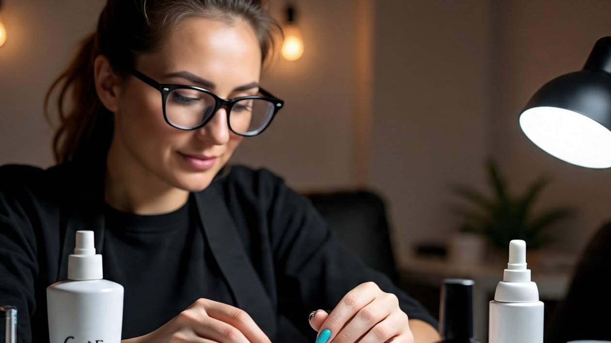 Close-up of cat eye gel polish nails with magnetic reflective stripe
