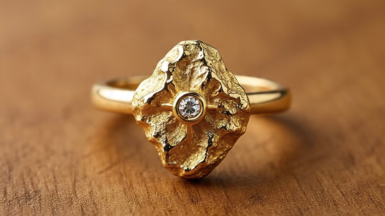 Textured natural gold nugget ring with rugged surface design
